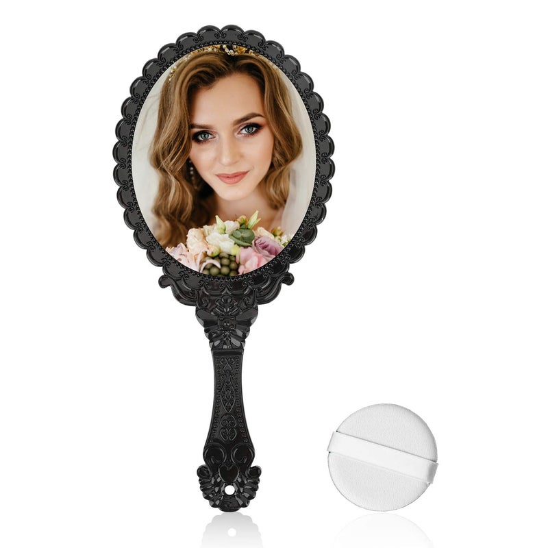 YUSONG Premium Hand Mirror with Handle - Vintage Princess Mirror for Women Black Embossed Flower Small Mirrors Tabletop Party Classroom - Image 3